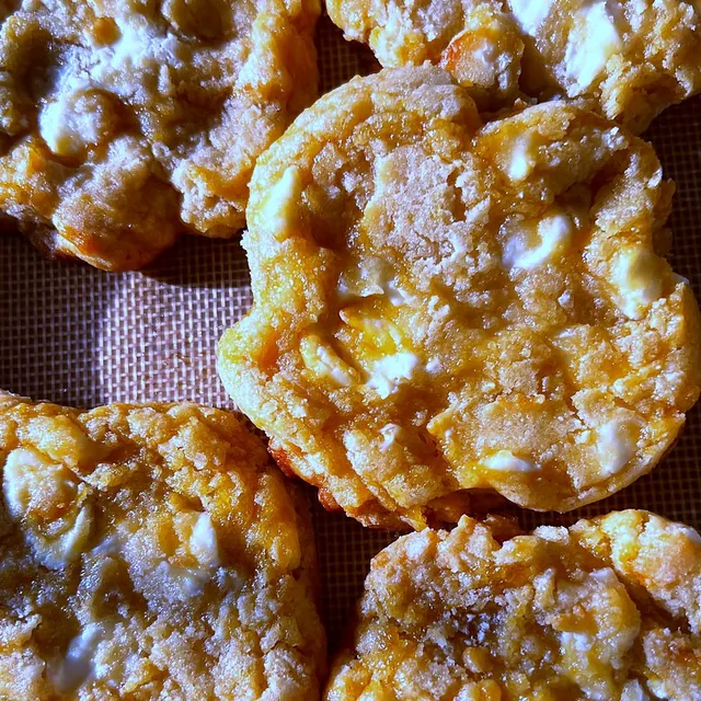 White Choc Passion Fruit cookies with passion fruit jam (sold out).